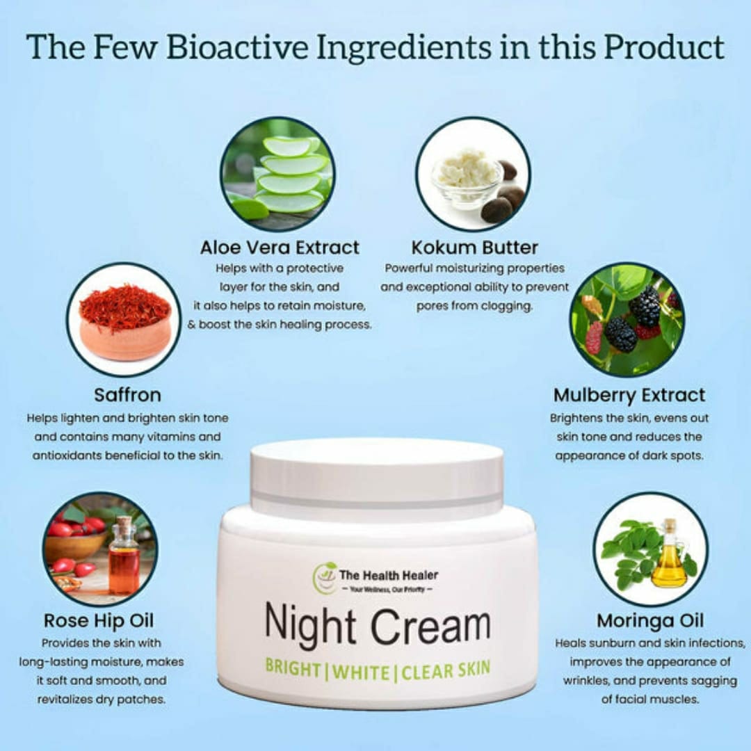 The Health Healer Night Cream – Bright, White & Clear Skin Formula with Bioactive Botanicals 🌿