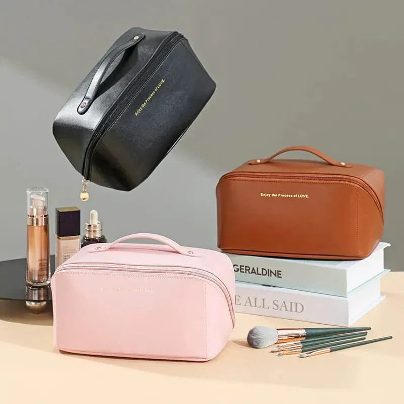 Premium Leather Large Capacity Makeup Bag - Portable Luxury Cosmetic Organizer & Travel Toiletry Pouch