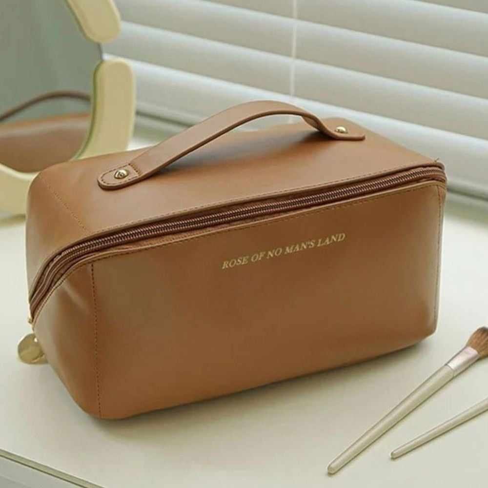 Premium Leather Large Capacity Makeup Bag - Portable Luxury Cosmetic Organizer & Travel Toiletry Pouch