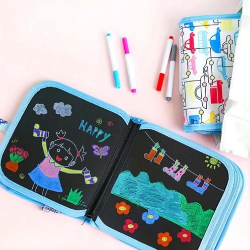 Erasable & Reusable Doodle Magic Blackboard Book with 3 Color Markers – Kids Drawing & Learning Activity Book