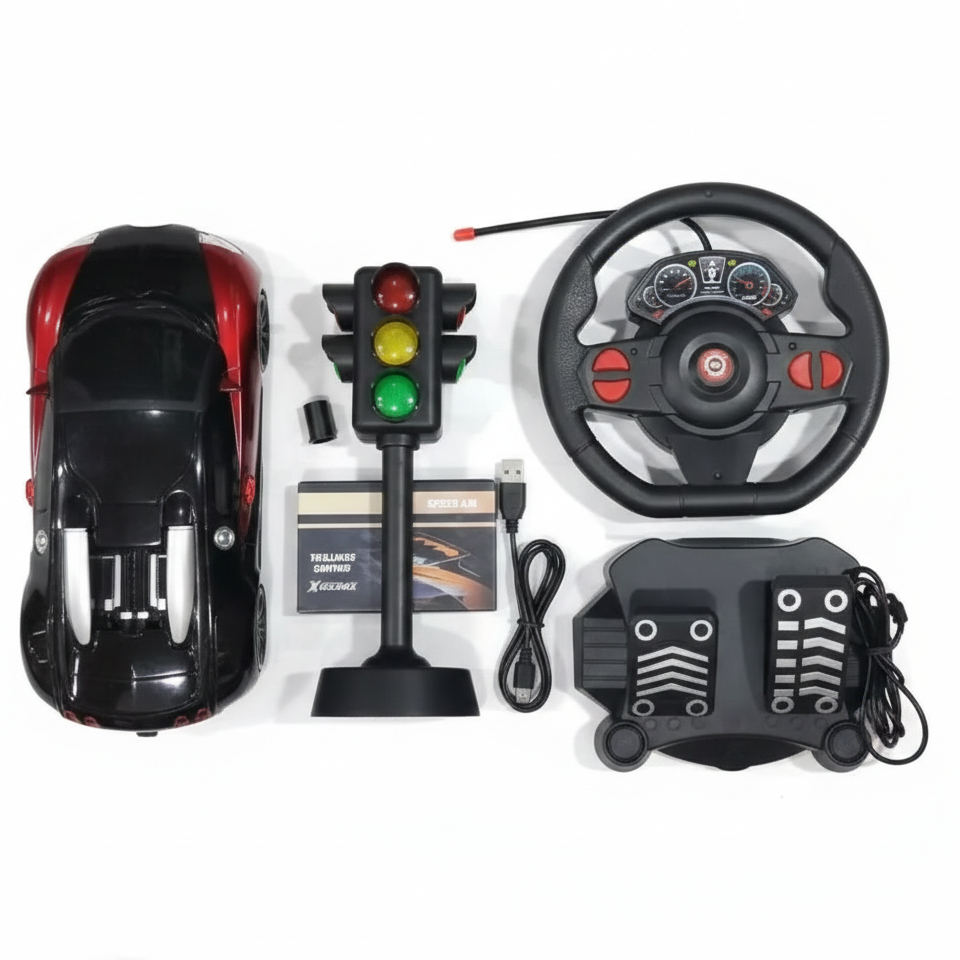 Hyper-Speed RC Supercar Racing Set – 1:16 Scale Remote Control Car with Steering Wheel Controller, Foot Pedals, and Interactive Traffic Light