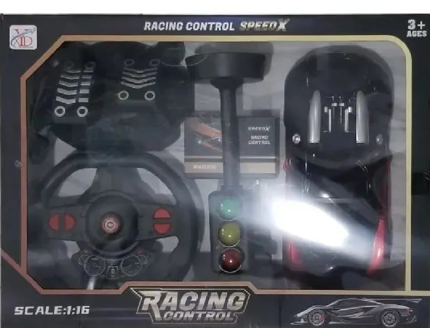Hyper-Speed RC Supercar Racing Set – 1:16 Scale Remote Control Car with Steering Wheel Controller, Foot Pedals, and Interactive Traffic Light