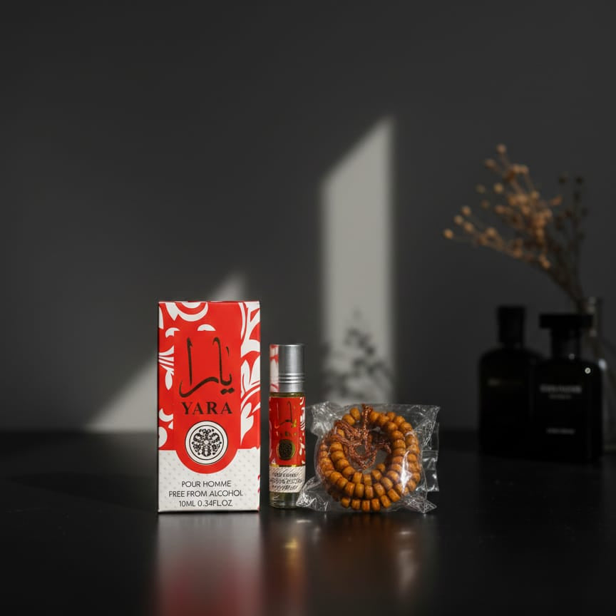 Yara Attar with Tasbeeh Gift – Alcohol-Free Fragrance 8ml ~ Grey