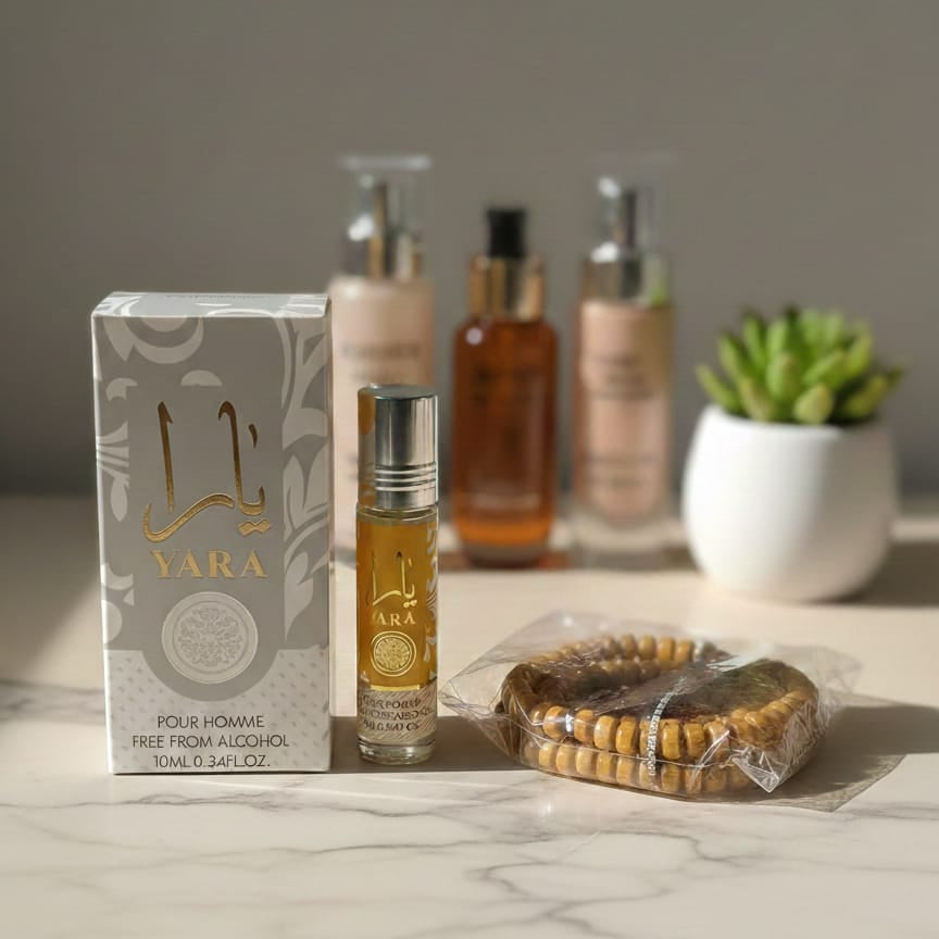 Yara Attar with Tasbeeh Gift – Alcohol-Free Fragrance 8ml ~ Grey