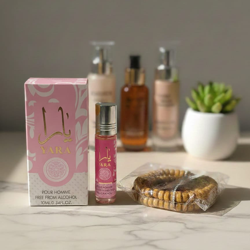 Yara Attar with Tasbeeh Gift – Alcohol-Free Fragrance 8ml ~ Grey