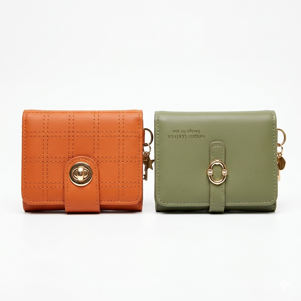 Stylish Compact Check Pattern PU Leather Wallet with Metal Button Closure