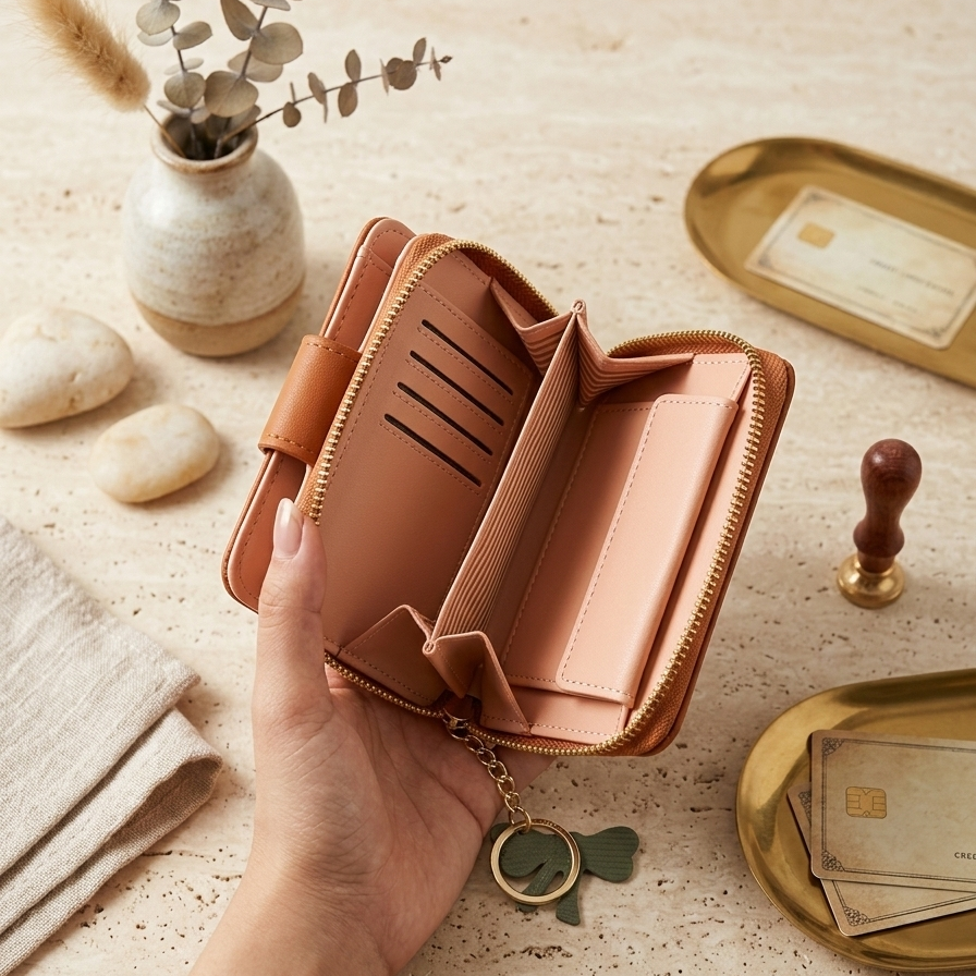 Stylish Compact Check Pattern PU Leather Wallet with Metal Button Closure