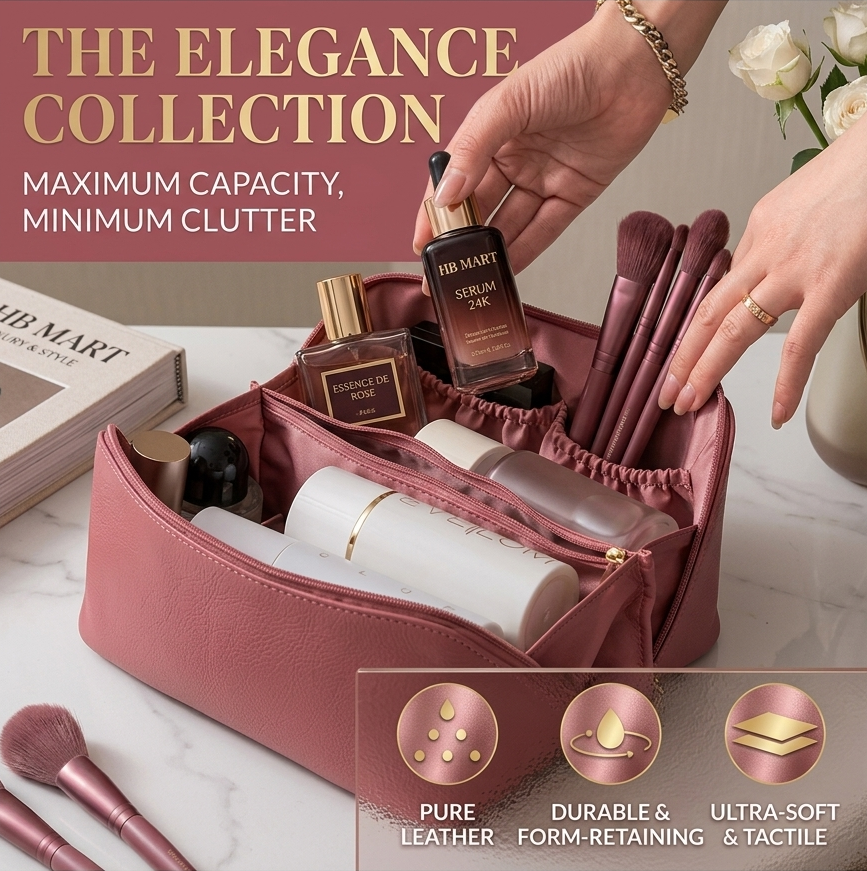Premium Leather Large Capacity Makeup Bag - Portable Luxury Cosmetic Organizer & Travel Toiletry Pouch