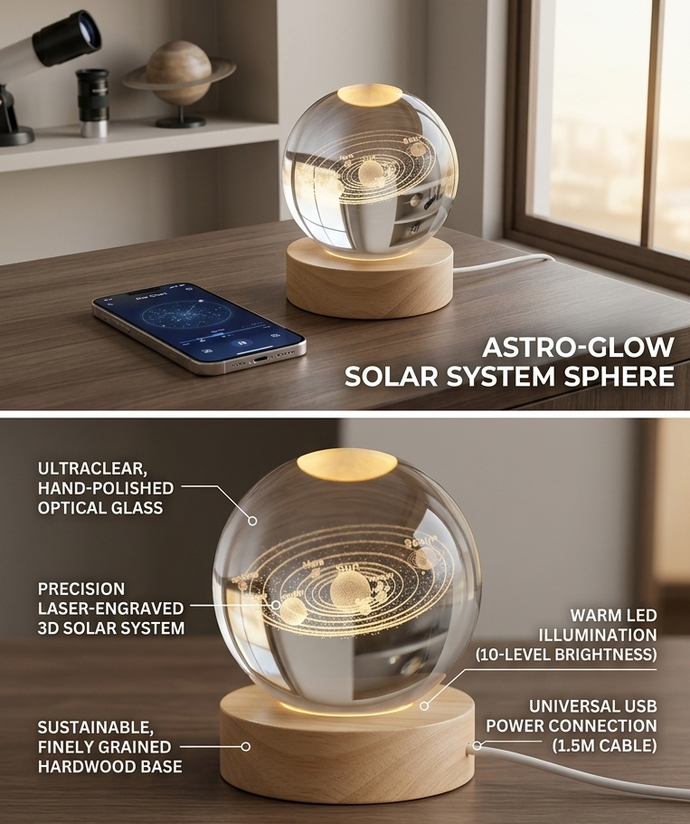 Astro-Glow 3D Solar System Crystal Sphere – Laser Engraved Luminous Galaxy Lamp 🌟