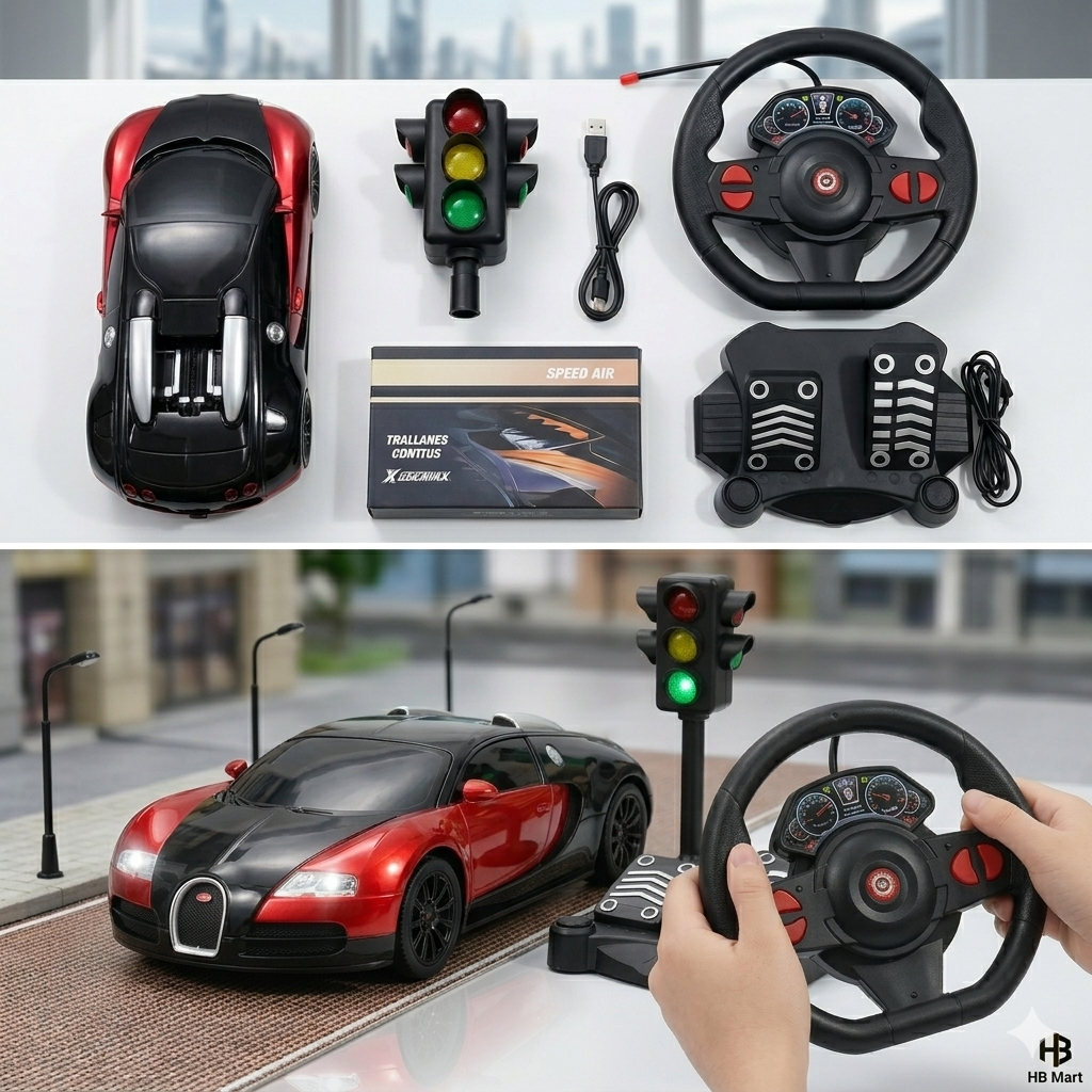 Hyper-Speed RC Supercar Racing Set – 1:16 Scale Remote Control Car with Steering Wheel Controller, Foot Pedals, and Interactive Traffic Light