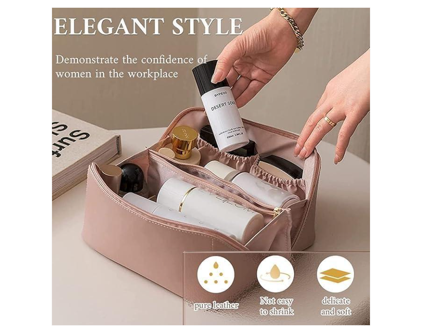 Premium Leather Large Capacity Makeup Bag - Portable Luxury Cosmetic Organizer & Travel Toiletry Pouch